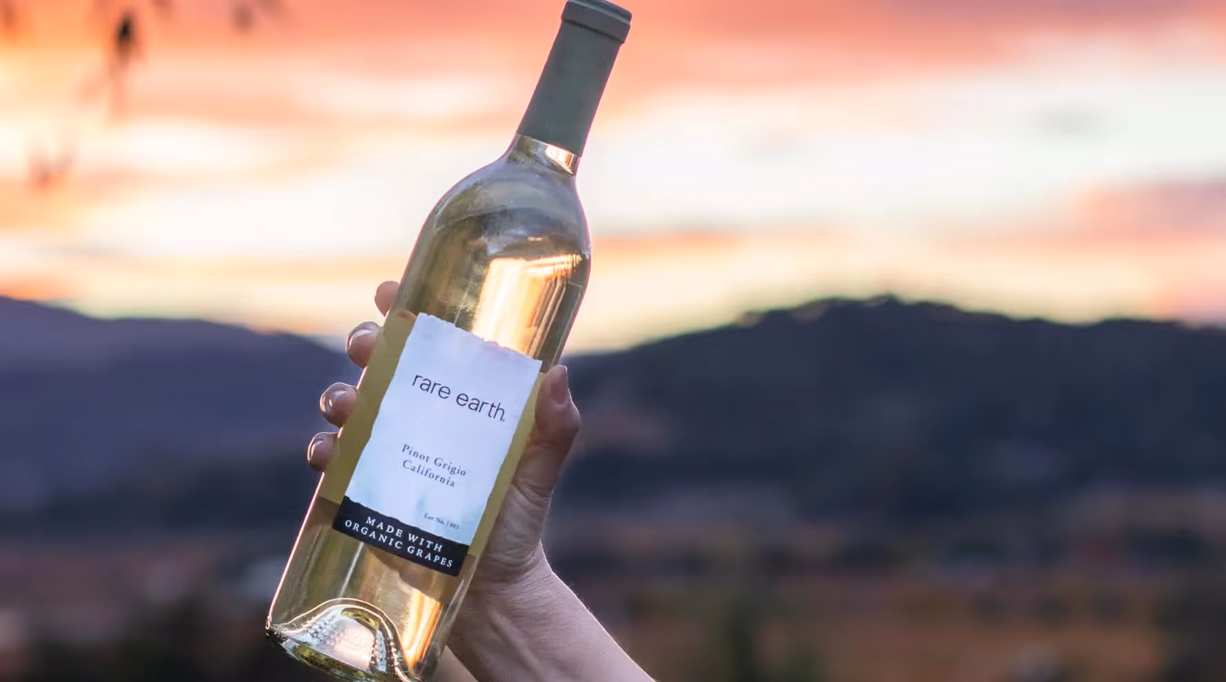 A hand holding a bottle of Rare Earth wine in front of a sunset