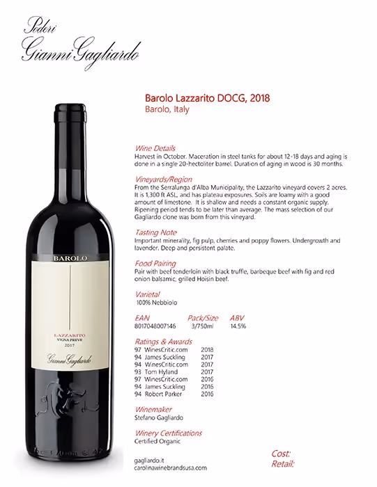 Gianni Gagliardo Barolo Lazzarito Tech Sheet preview