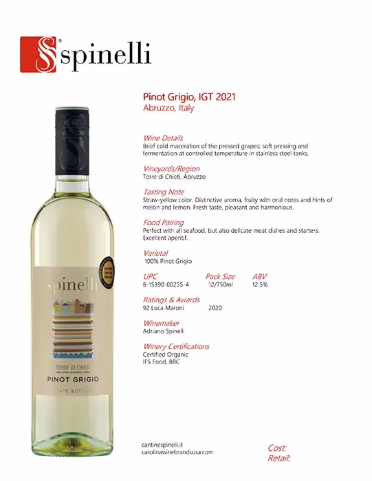 Spinelli Pinot Grigio Tech Sheet preview