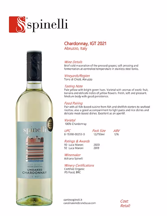 Spinelli Unoaked Chardonnay Tech Sheet preview