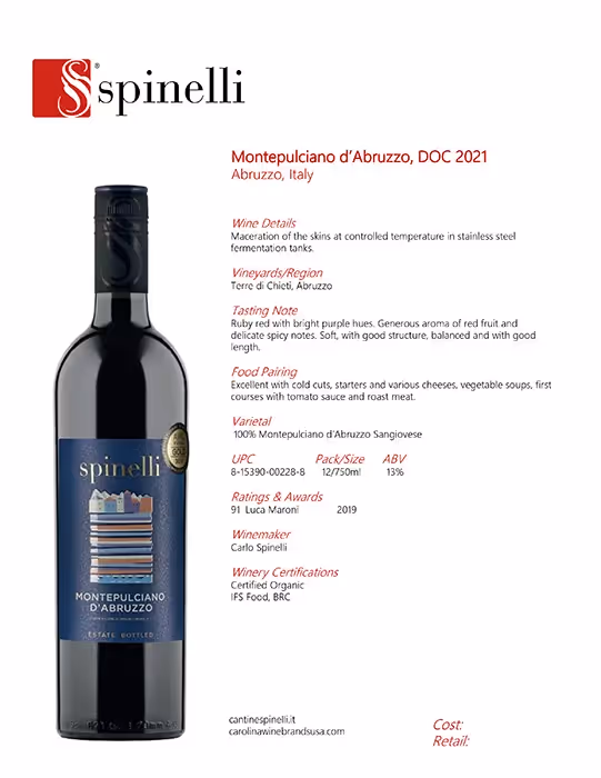 Spinelli Montepulciano d'Abruzzo Sangiovese Tech Sheet preview