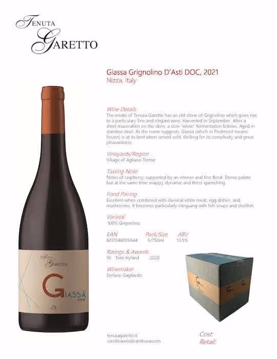 Tenuta Garetto Giassa Grignolino Tech Sheet preview