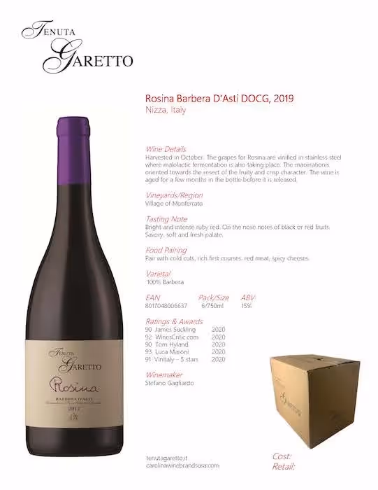 Tenuta Garetto Rosina Barbera Tech Sheet preview