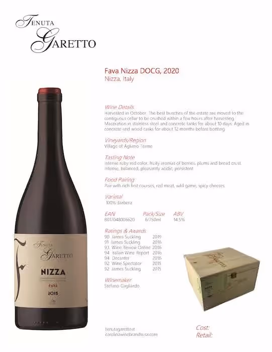 Tenuta Garetto Barbera Nizza Fava Tech Sheet preview