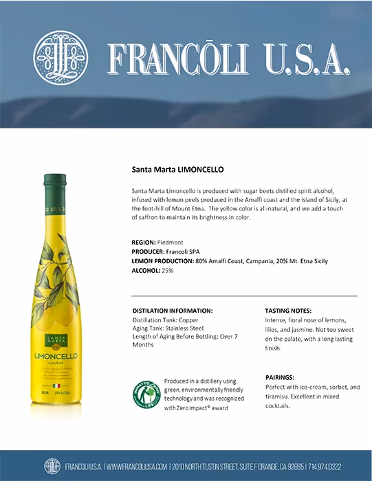 Santa Marta Limoncello Liqueur Tech Sheet preview