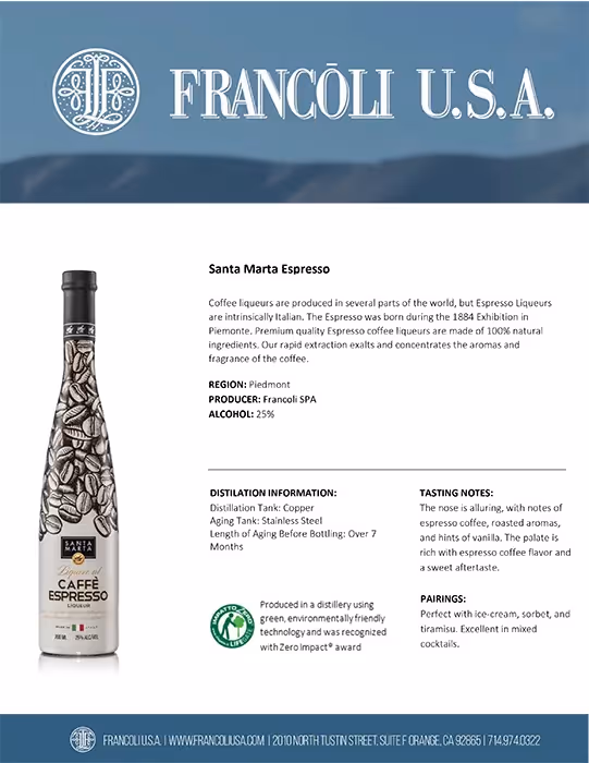 Santa Marta Caffé Espresso Liqueur Tech Sheet preview
