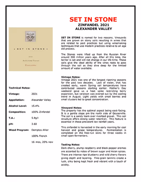 Set In Stone Zinfandel Tech Sheets preview