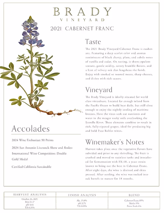 Brady Vineyards Cabernet Franc WE Accolade Tech Sheet preview