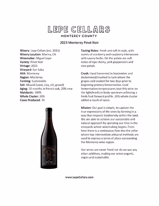 Lepe Cellars Monterey Pinot Noir Tech Sheet preview