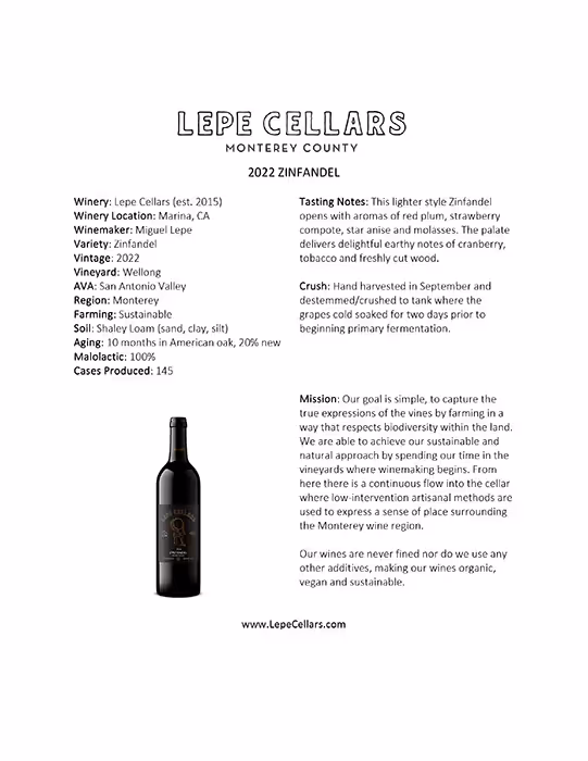 Lepe Cellars Zinfandel Tech Sheet preview