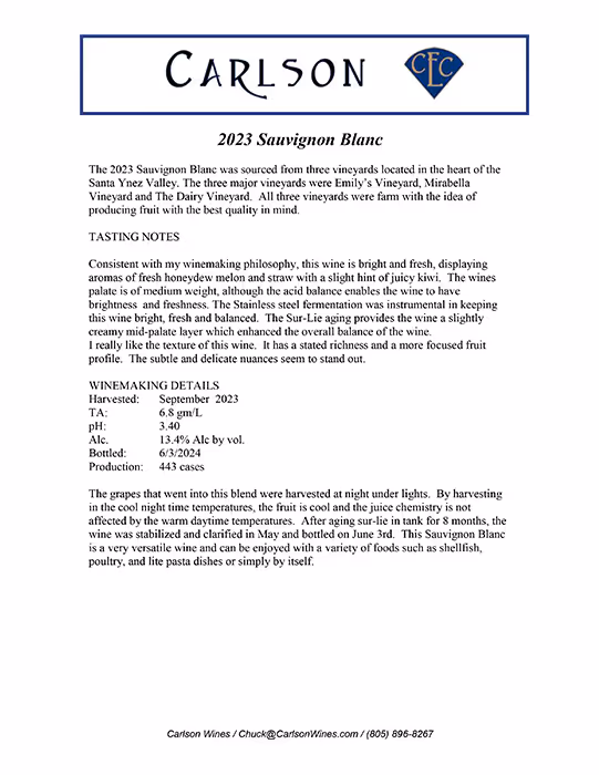 Carlson Sauvignon Blanc Tech Sheets preview