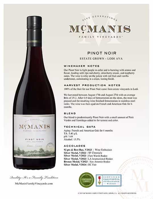 McManis Pinot Noir Tech Sheet preview