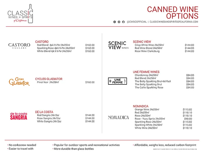 Classic Wines and Spirits of California Canned Wine Brands Sell Sheet preview