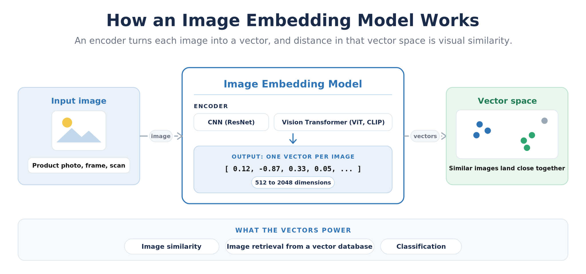 Image embedding model turning images into vectors for similarity, retrieval, and classification