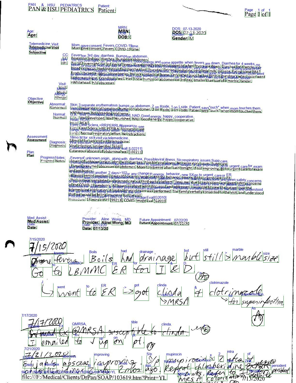 Raw OCR output from processing a medical record