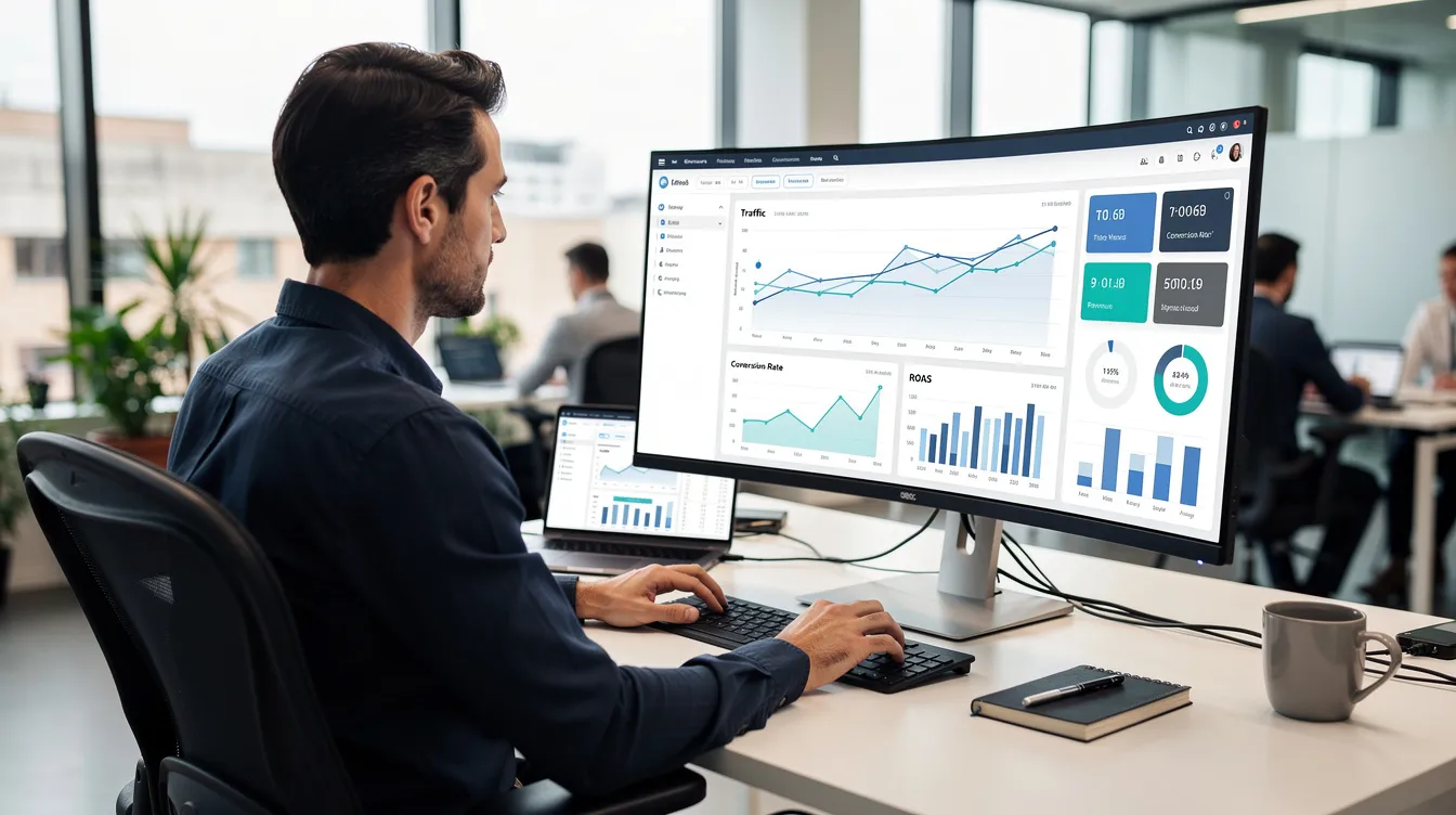 A digital marketer is focused on reviewing multiple analytics dashboards displayed on a wide monitor in a modern office setting, utilizing various ai marketing tools to derive actionable insights from complex data. The scene highlights the importance of data-driven decision-making in digital marketing, showcasing the integration of technology in marketing functions.