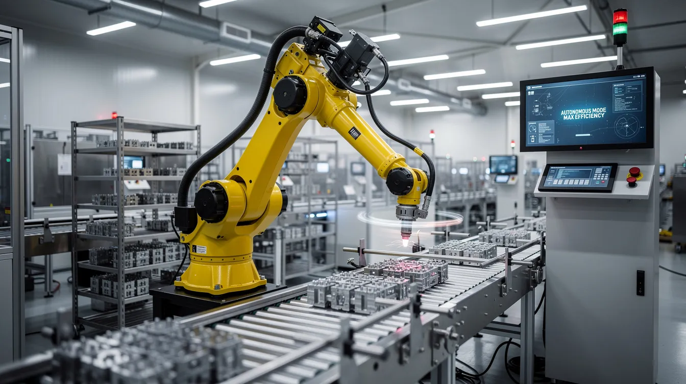 The image depicts an automated robotic arm in a sleek, modern factory, symbolizing the efficiency and autonomy of advanced manufacturing processes. This representation highlights the integration of AI tools in optimizing operations, akin to how digital marketing teams utilize the best AI marketing tools for actionable insights and improved campaign performance.