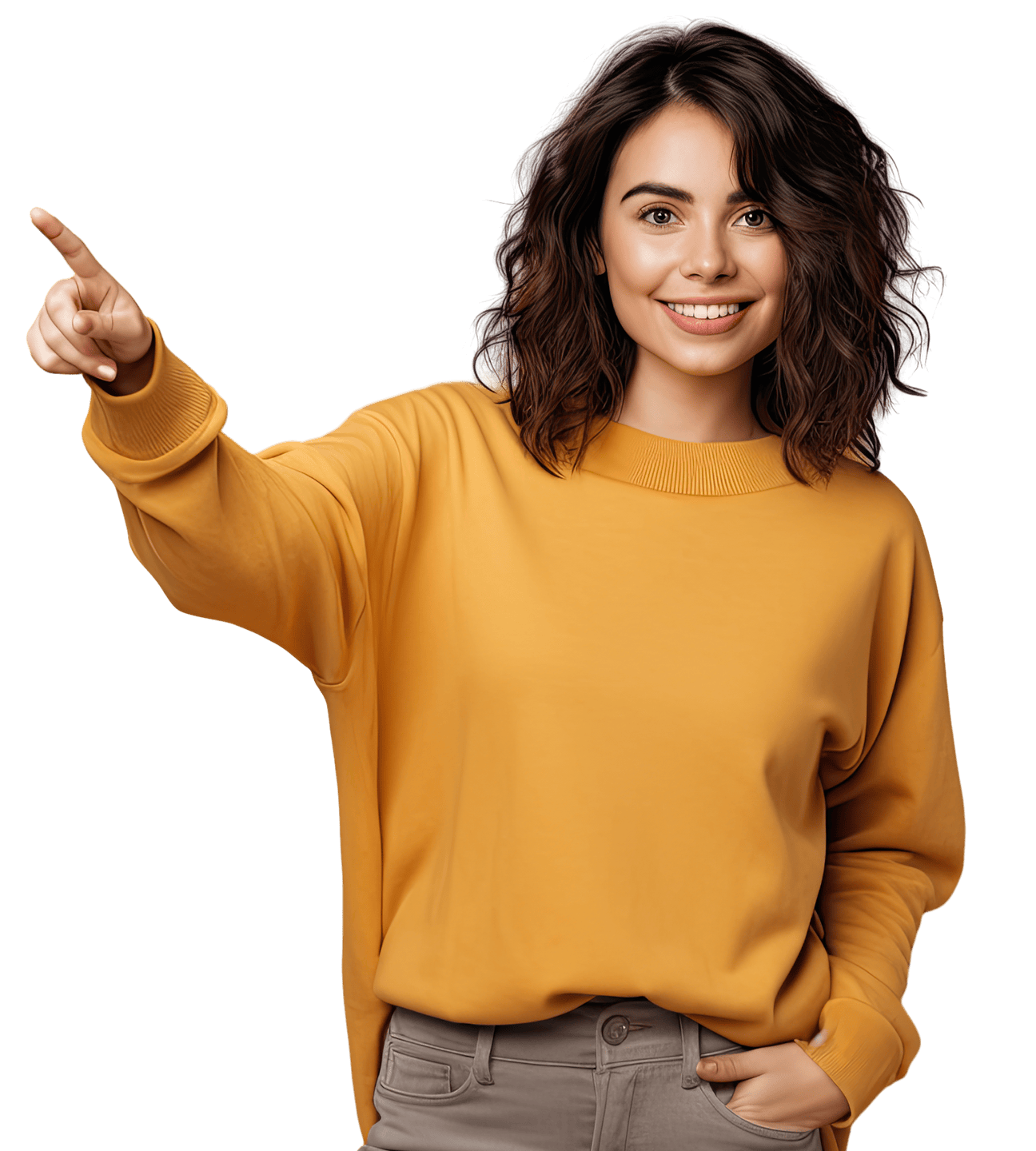 Smiling woman with curly brown hair wearing a yellow sweater, pointing left with her right hand.