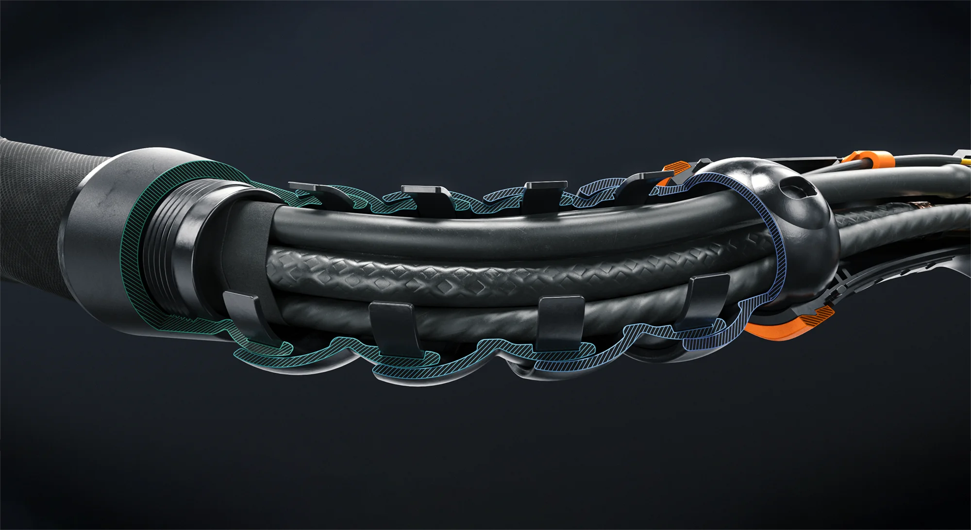 Close-up of a flexible mechanical cable or conduit with protective clips and outer coverings on a black background.