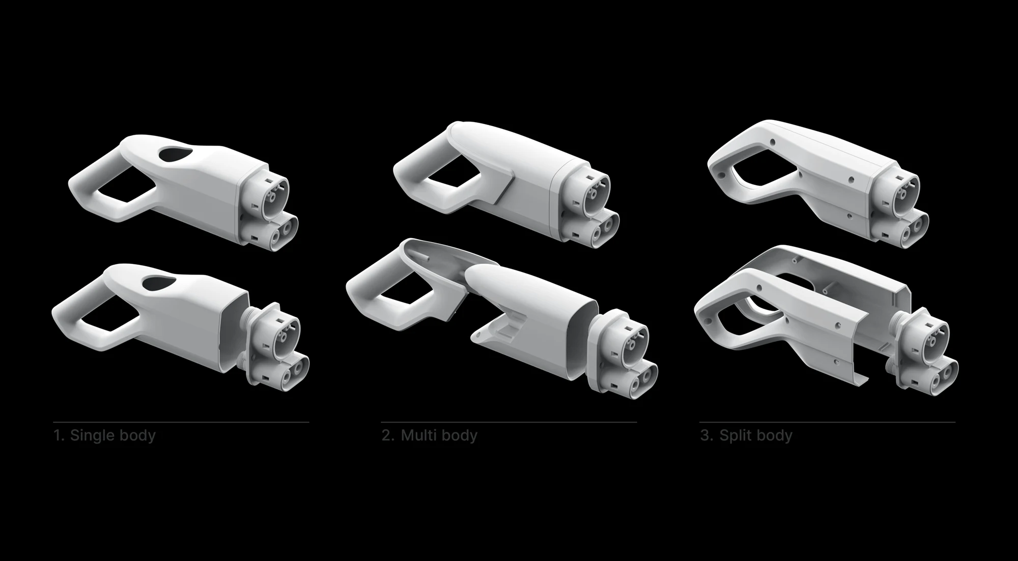 Three types of white charging handles displayed whole and disassembled on black background.