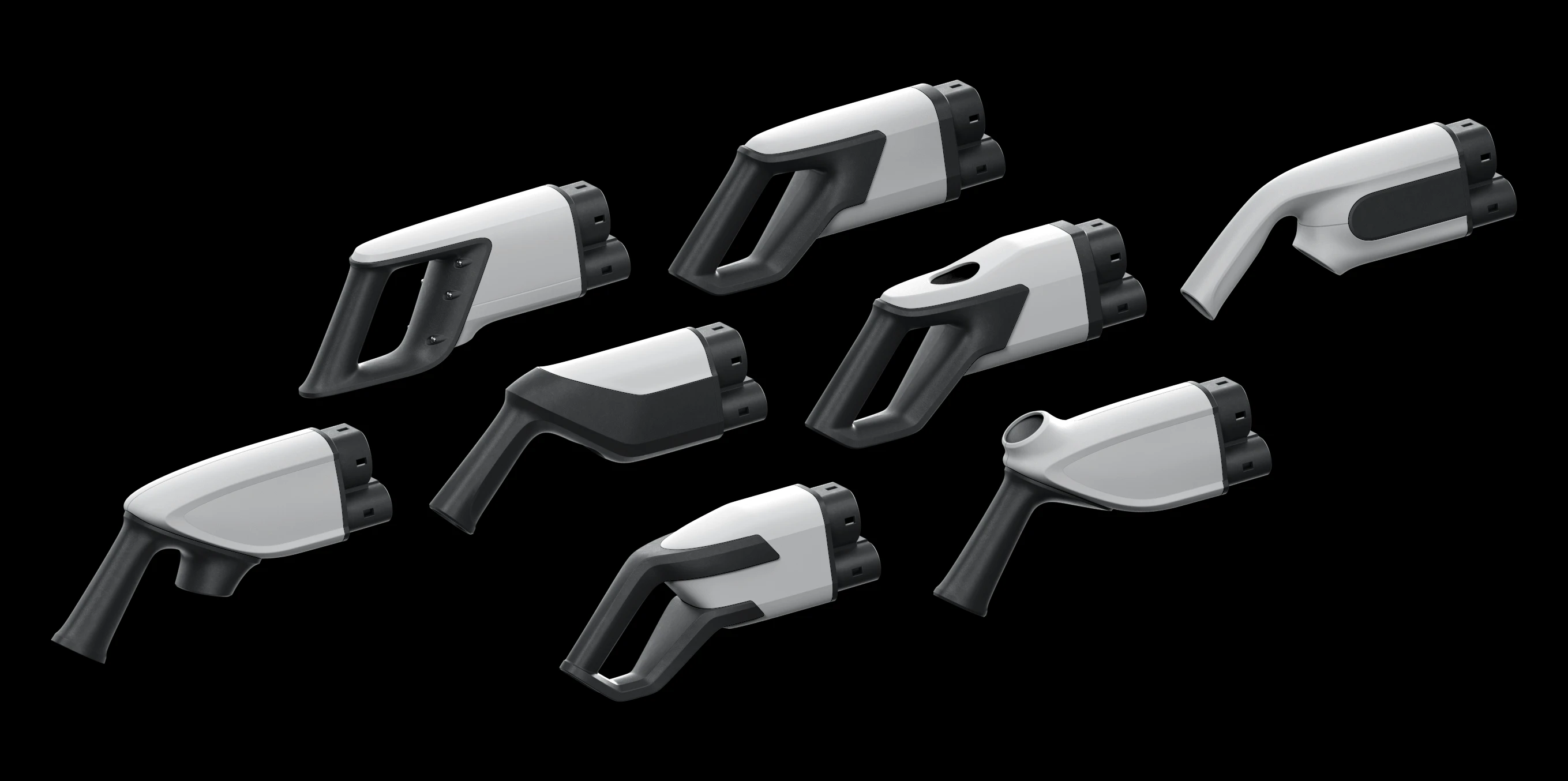 Eight designs of white and black electric vehicle charging connectors on a black background.