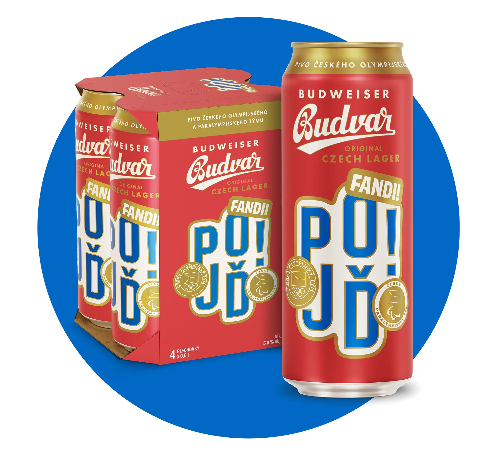 Limitovaná edice plechovky Budvar na modrém pozadí