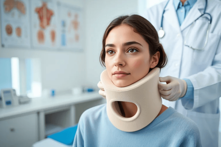 Einer Frau wird eine Halskrause angelegt.