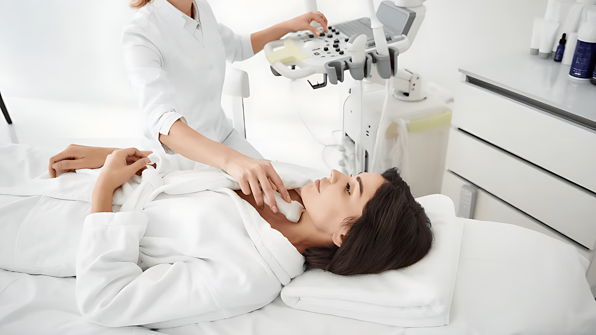 Frau mit subakute Thyreoiditis de Quervain wird mit Verdachtsdiagnose auf Überfunktion der Schilddrüse untersucht.