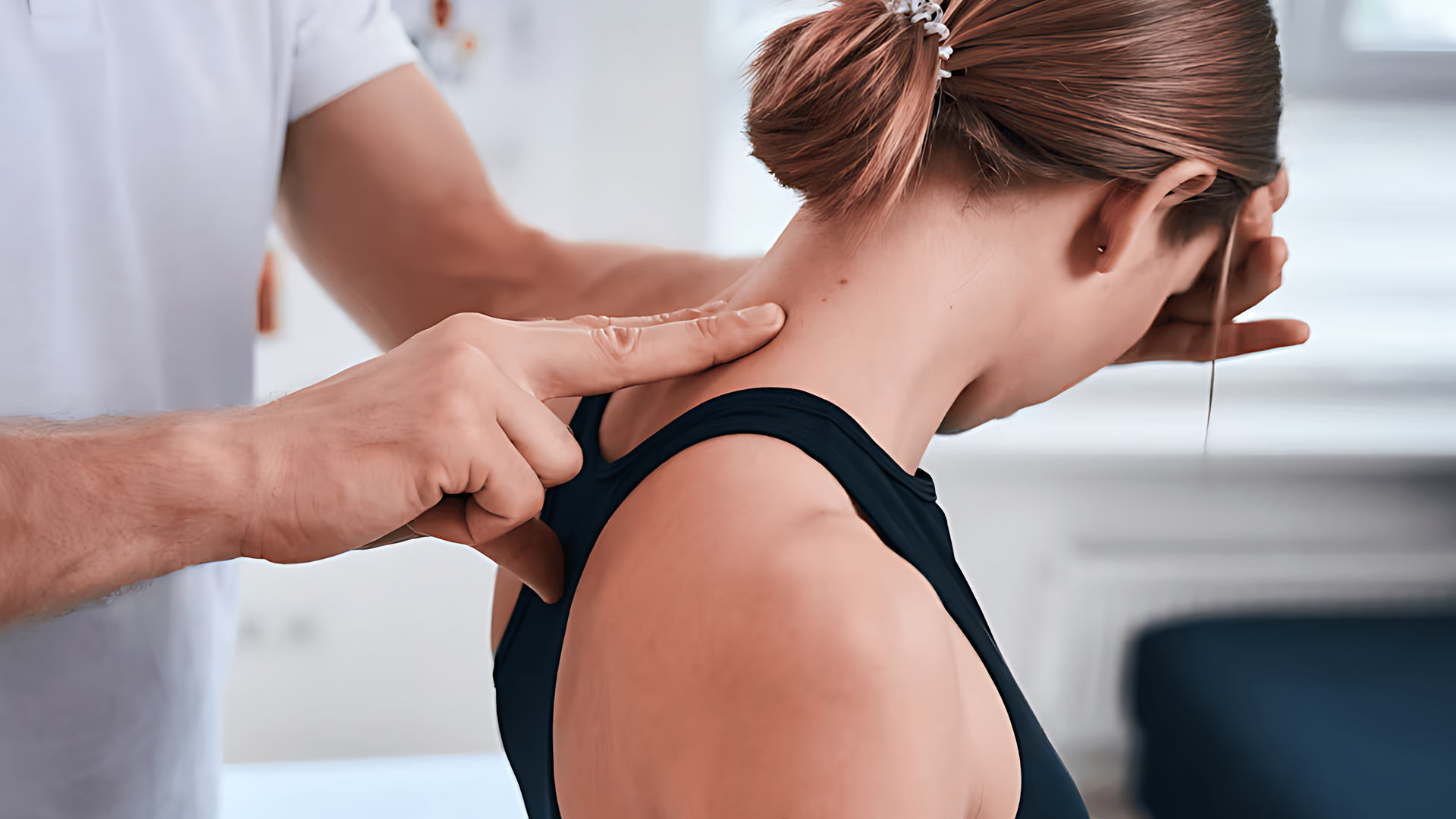 Frau mit Thyreoiditis de Quervain bekommt Physiotherapie.