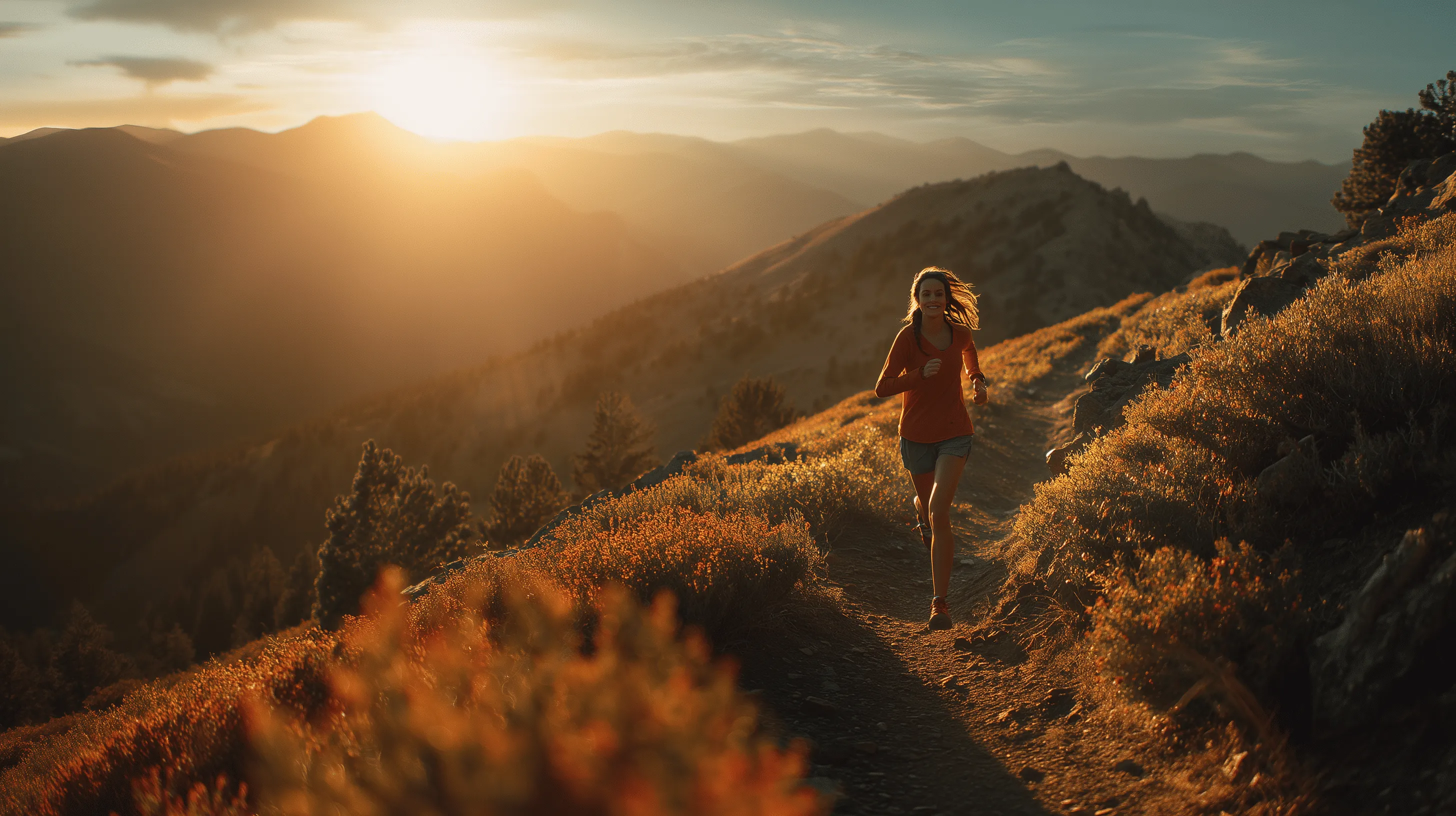 Eine glückliche Läuferin genießt einen Trailrun auf einem Bergpfad bei Sonnenuntergang. Dieses inspirierende Bild symbolisiert die erfolgreiche Rehabilitation nach einem Kreuzbandriss und die Rückkehr zum Sport mit neuer Stabilität und Lebensqualität.