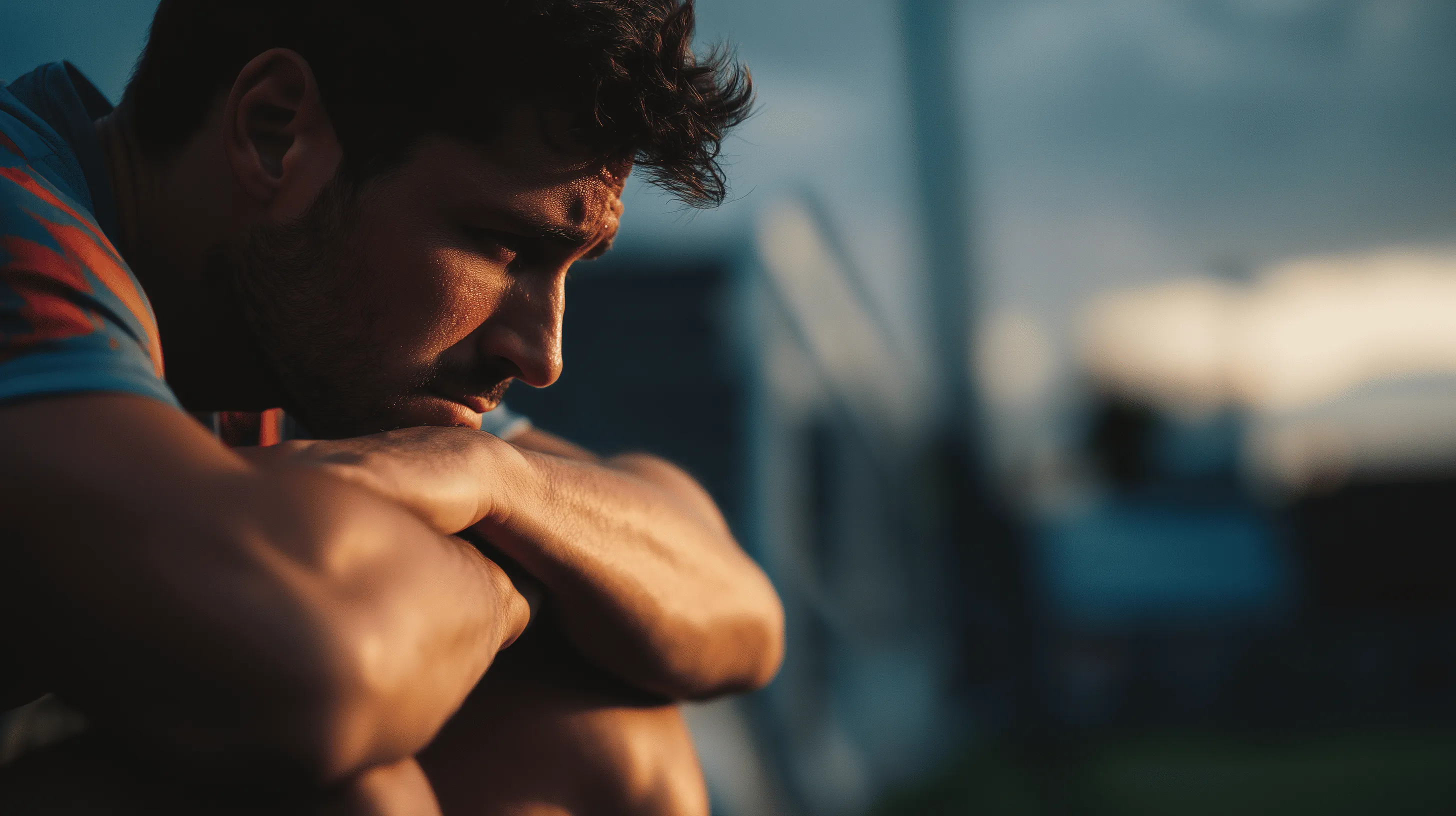 Ein Fußballspieler sitzt nachdenklich am Spielfeldrand und hält sich das Knie. Der Ausdruck seines Gesichts zeigt Schmerz und Sorge, was den Moment einer schweren Sportverletzung wie einem Kreuzbandriss verdeutlicht.