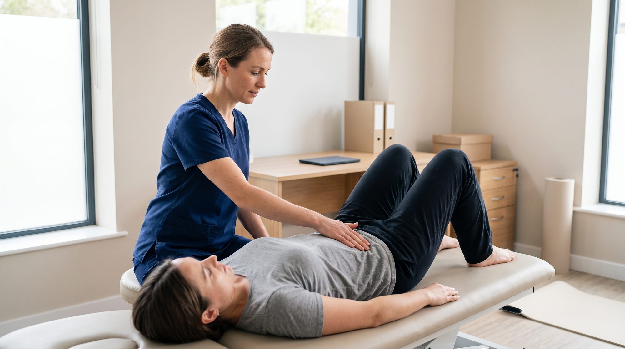 Physiotherapeutin begleitet Patientin beim Beckenbodentraining in der Praxis