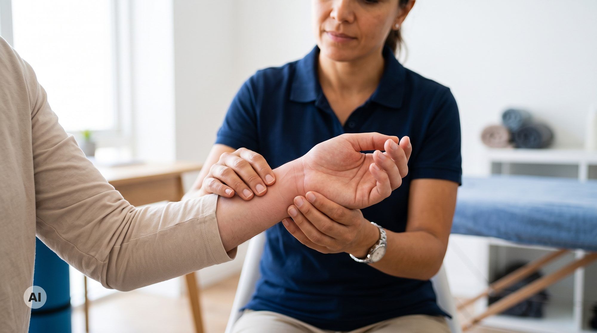 Physiotherapeut untersucht geschwollenes Handgelenk eines Patienten in der Praxis