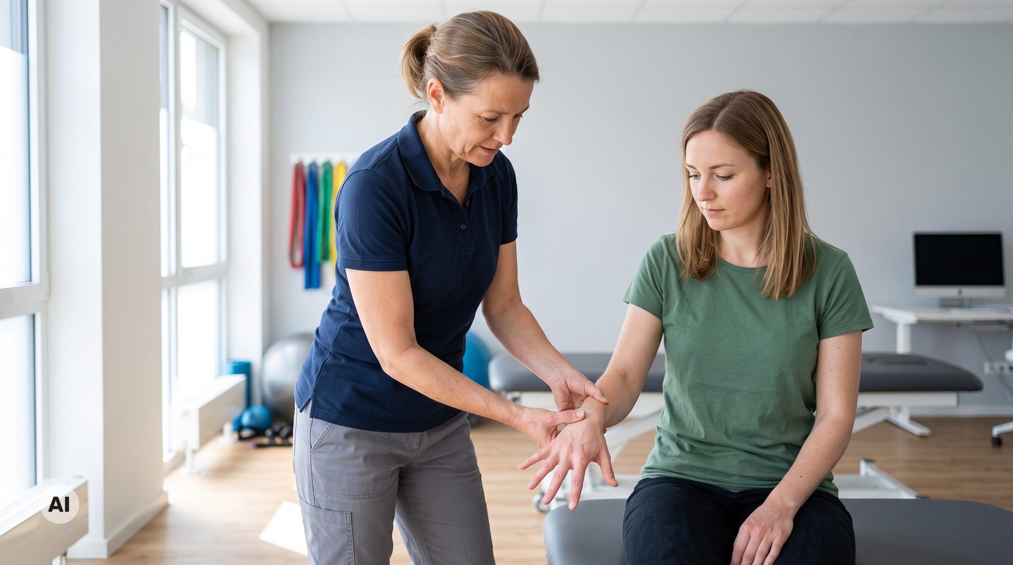 Physiotherapeut zeigt Patientin eine Nervengleit-Übung zur Behandlung des Karpaltunnelsyndroms (KI-generiert)