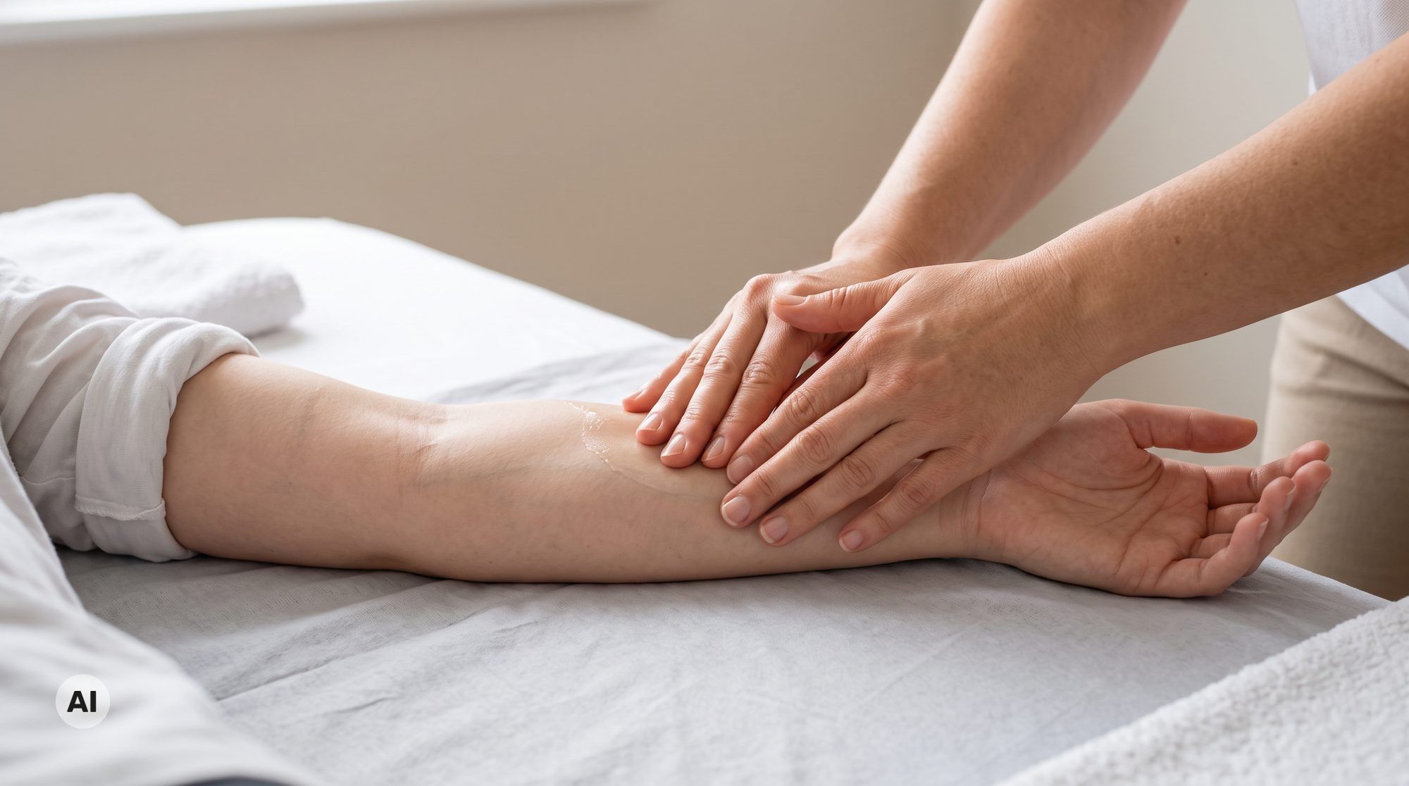 Physiotherapeut demonstriert Grifftechnik der manuellen Lymphdrainage am Arm einer Patientin