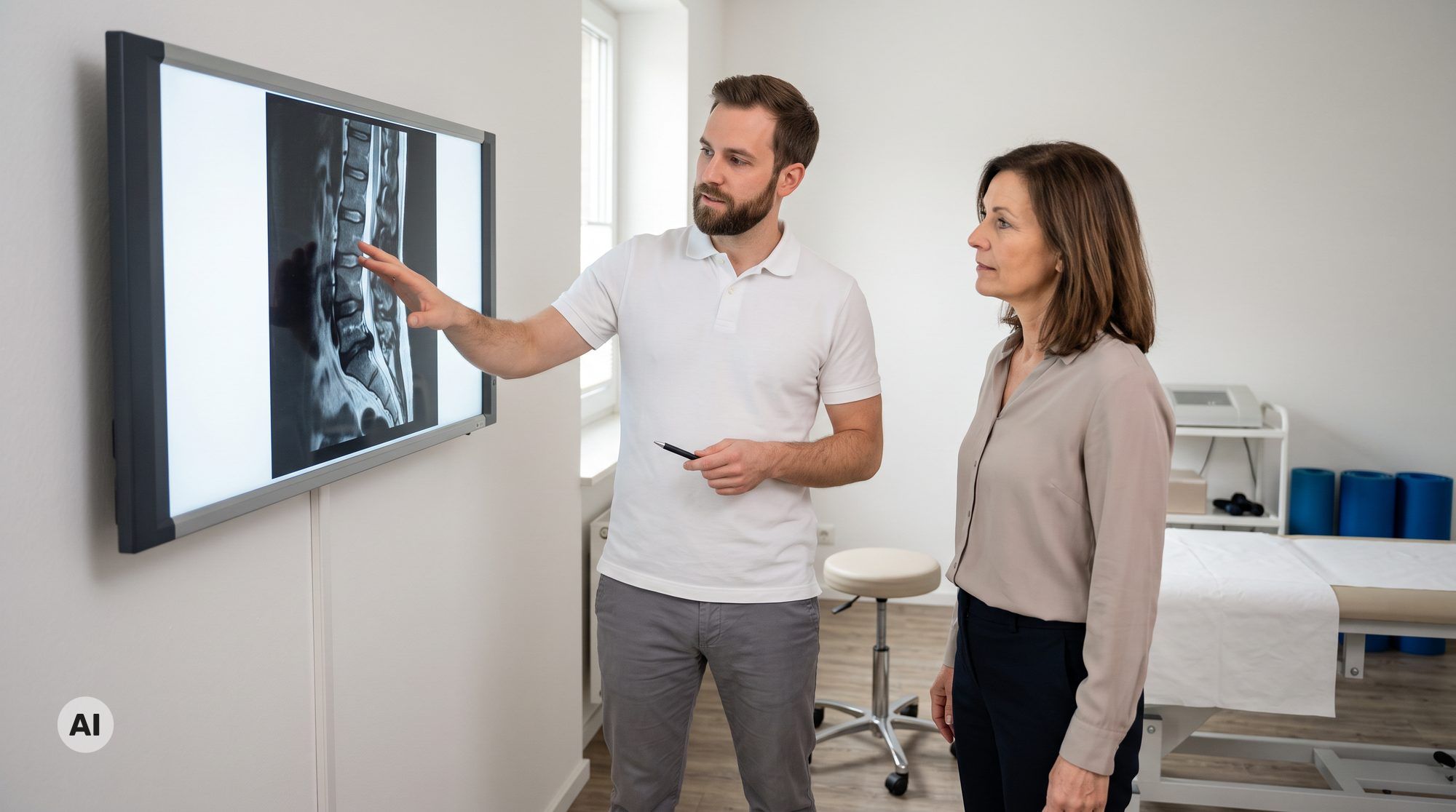 Physiotherapeut zeigt Patient MRT-Bild des Kniegelenks und erklärt radiologische Befunde (KI-generiert)