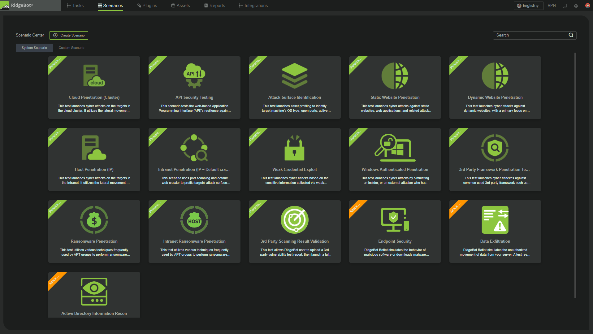 13 escenarios base para simular pruebas de penetración y 3 para simular ataques de hackers reales. Diseñamos una estrategia para cada asset objetivo, usando estos o creándolos desde cero.