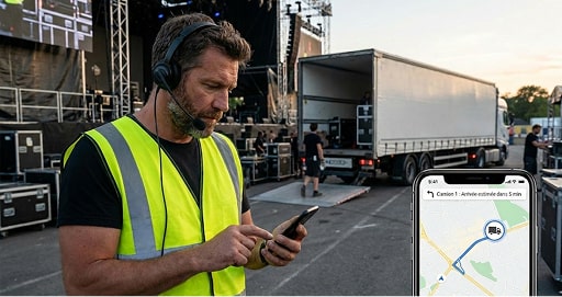 Homme suivant son camion sur son téléphone