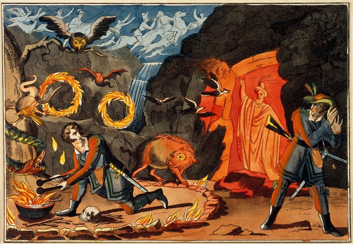 A dramatic scene showing a man using magic near a fire, surrounded by mythical creatures, while another man reacts in fear.