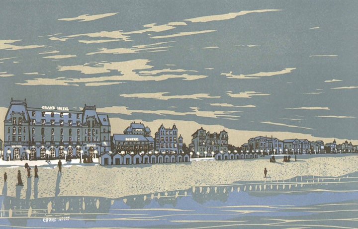 Artistic depiction of a beachside scene featuring a Grand Hotel and other buildings under a twilight sky with people walking along the shore.