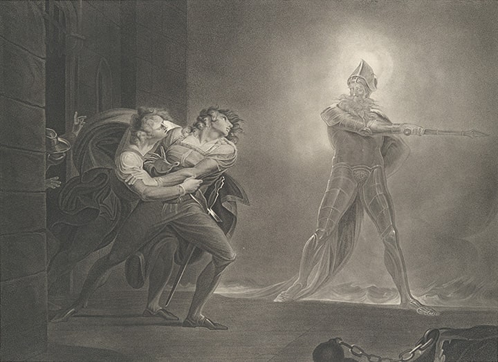 Two men in period clothing recoil in fear as a ghostly knight, illuminated by an ethereal glow, shows up.