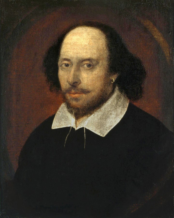 A portrait of Shakespeare wearing a black outfit with a white collar.