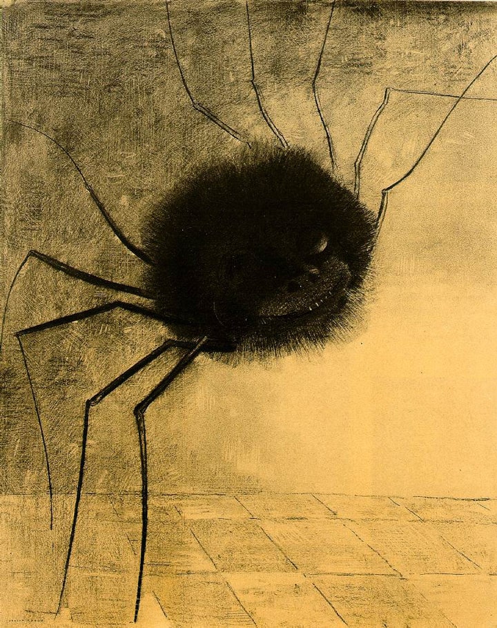 A large, abstract black spider with thin, straight legs stands against a textured, yellowish background.