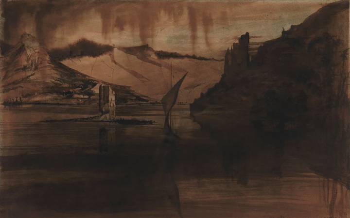 A sailboat floats on a dark lake surrounded by mountains and castles.