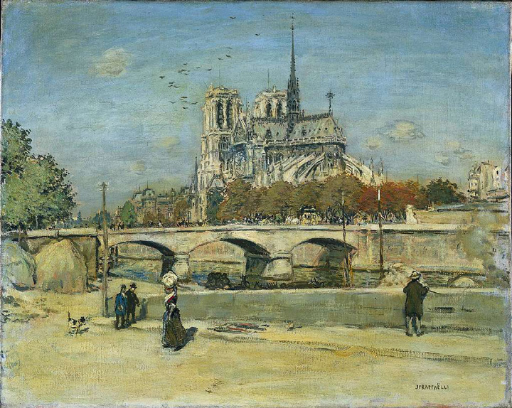 Painting of Notre-Dame Cathedral, with a bridge in the foreground. People and dogs walk along the riverbank, under a bright blue sky.