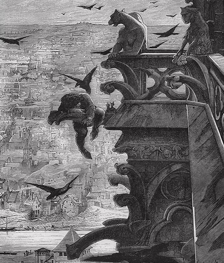 Gothic scene with gargoyles perched on a cathedral ledge overlooking a city. Birds fly by.