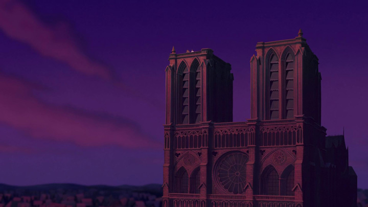 Gothic cathedral bathed in a deep purple twilight. Twin towers and a large rose window with two people on the tower.