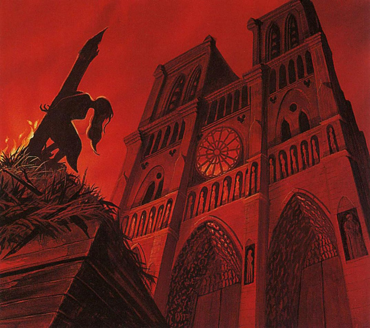 Silhouette of a hunchbacked figure set against a soaring, Gothic cathedral bathed in red glow.