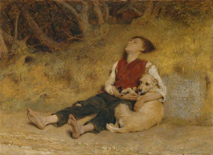 A barefoot peasant boy in worn clothes sleeps leaning against a stone marker, holding a relaxed golden dog in a rural setting.