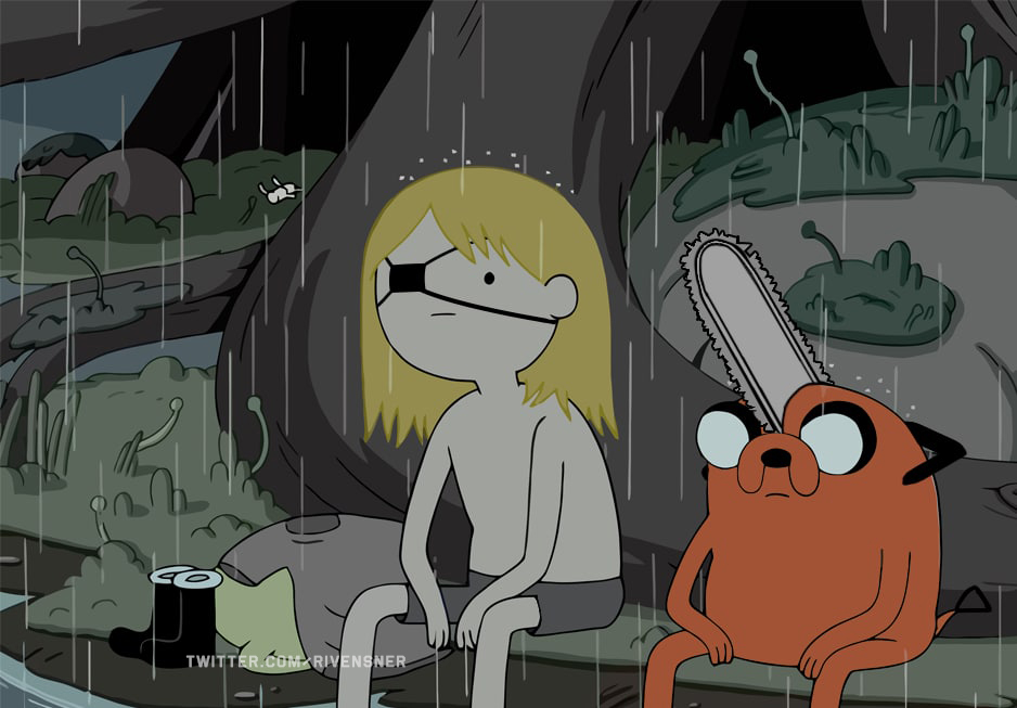 Two cartoon characters, one with an eyepatch and blonde hair and the other with a chainsaw head, sit in the rain by a large tree.